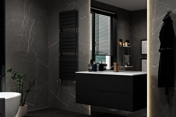 Modern gray bathroom interior with black furniture, bathtub and sink with mirror, 3d rendering