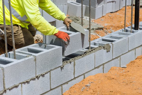 There was a mason who was laying the mounting to the aerated concrete blocks of the wall on construction site